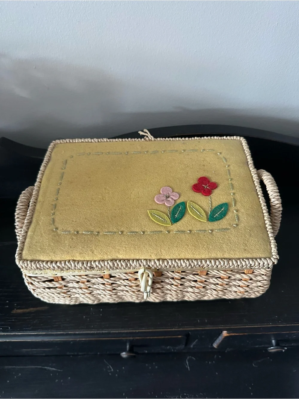 Handwoven Seagrass Storage Basket with Pale Yellow Embroidered Lid